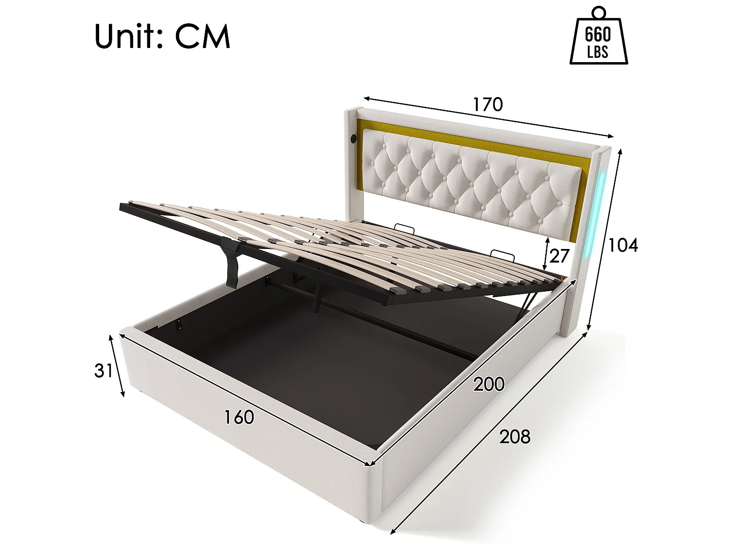 Lit coffre 160 x 200 cm - coton - USB Type C et LEDs - coloris beige + matelas