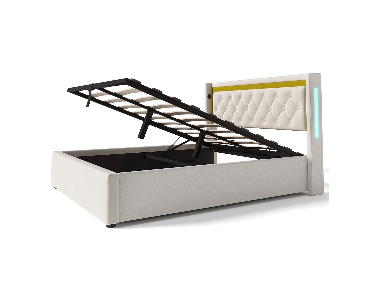Lit coffre 160 x 200 cm - coton - USB Type C et LEDs - coloris beige + matelas