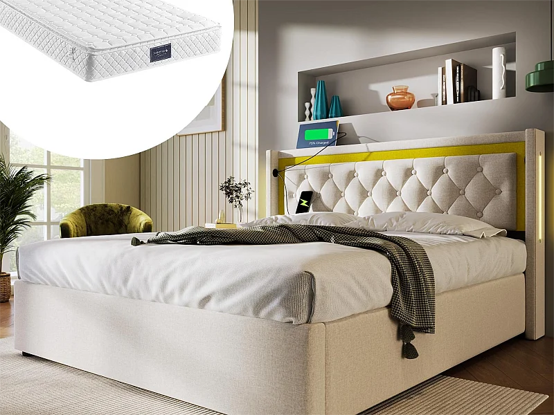 Lit coffre 160 x 200 cm - coton - USB Type C et LEDs - coloris beige + matelas