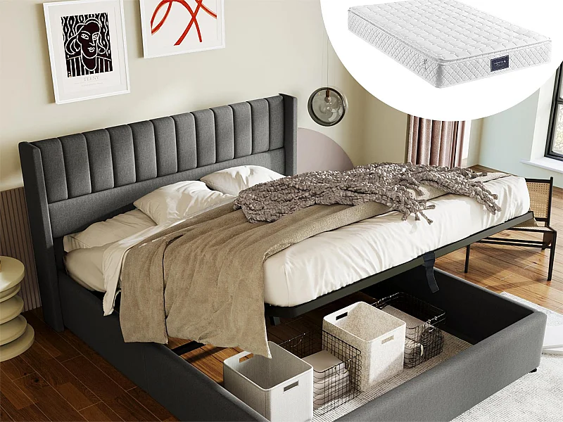 Lit coffre 160 x 200 cm - tissu lin - sommier à lattes - gris + matelas