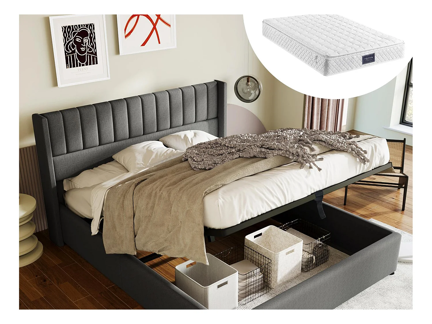 Lit coffre 160 x 200 cm - tissu lin - sommier à lattes - gris + matelas