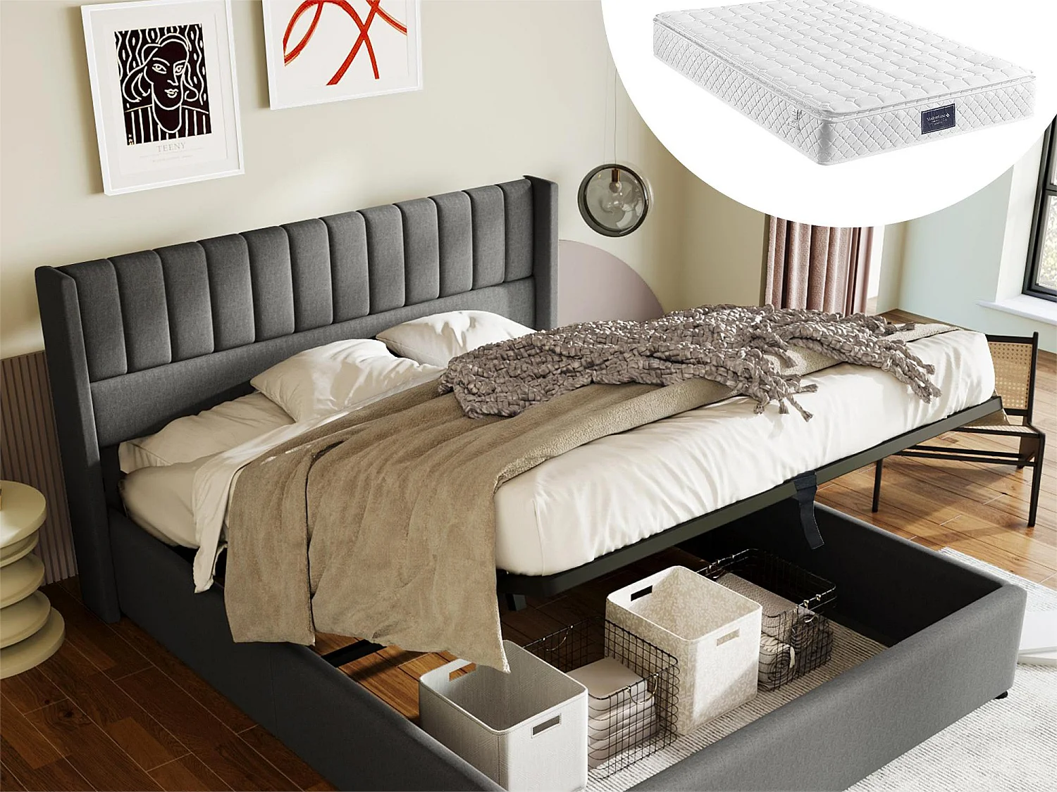Lit coffre 160 x 200 cm - tissu lin - sommier à lattes - gris + matelas