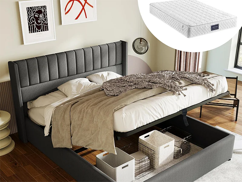 Lit coffre 160 x 200 cm - tissu lin - sommier à lattes - gris + matelas