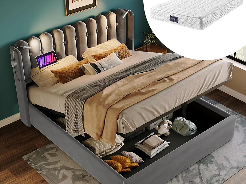 Lit coffre 160 x 200 cm - lampe de lecture et USB - tissu en lin - coloris gris + matelas