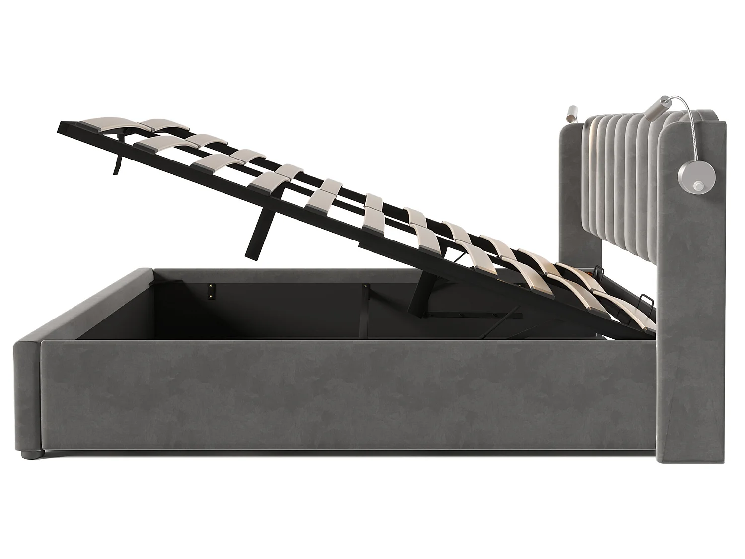 Cama con canapé 160x200 cm - lámpara de lectura y USB - tejido de lino - color gris + colchón