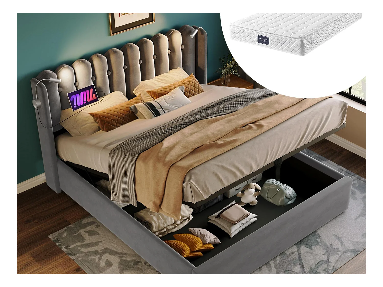 Lit coffre 160 x 200 cm - lampe de lecture et USB - tissu en lin - coloris gris + matelas