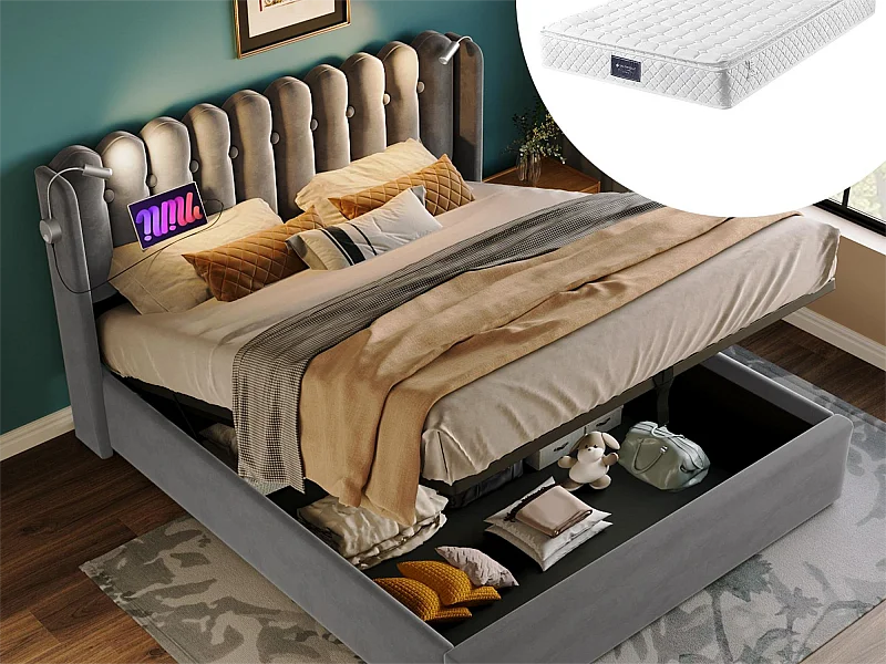 Opbergbed 160 x 200 cm - leeslamp en USB - linnen stof - grijze kleur + matras