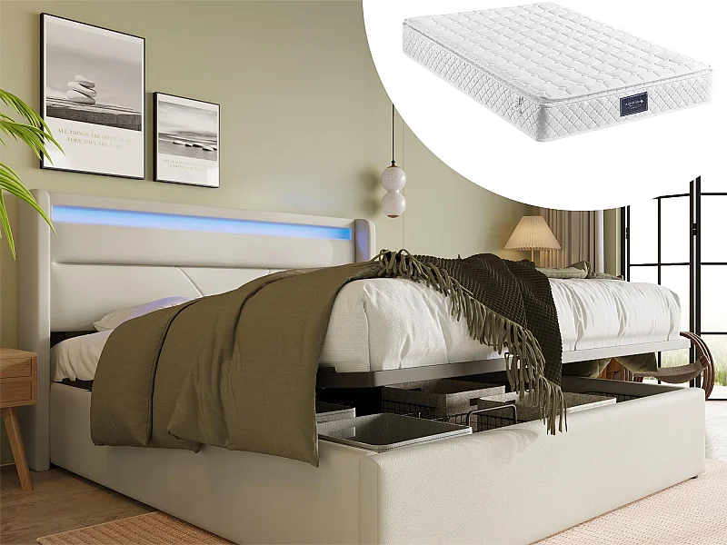 Lit coffre 160 x 200 cm - cuir pu - LEDs - blanc + matelas