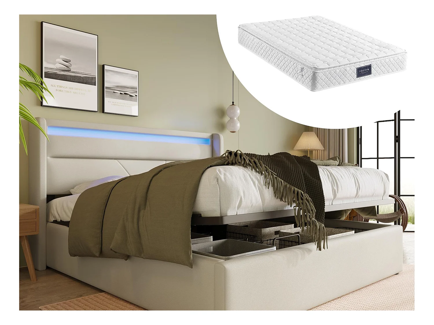 Lit coffre 160 x 200 cm - cuir pu - LEDs - blanc + matelas
