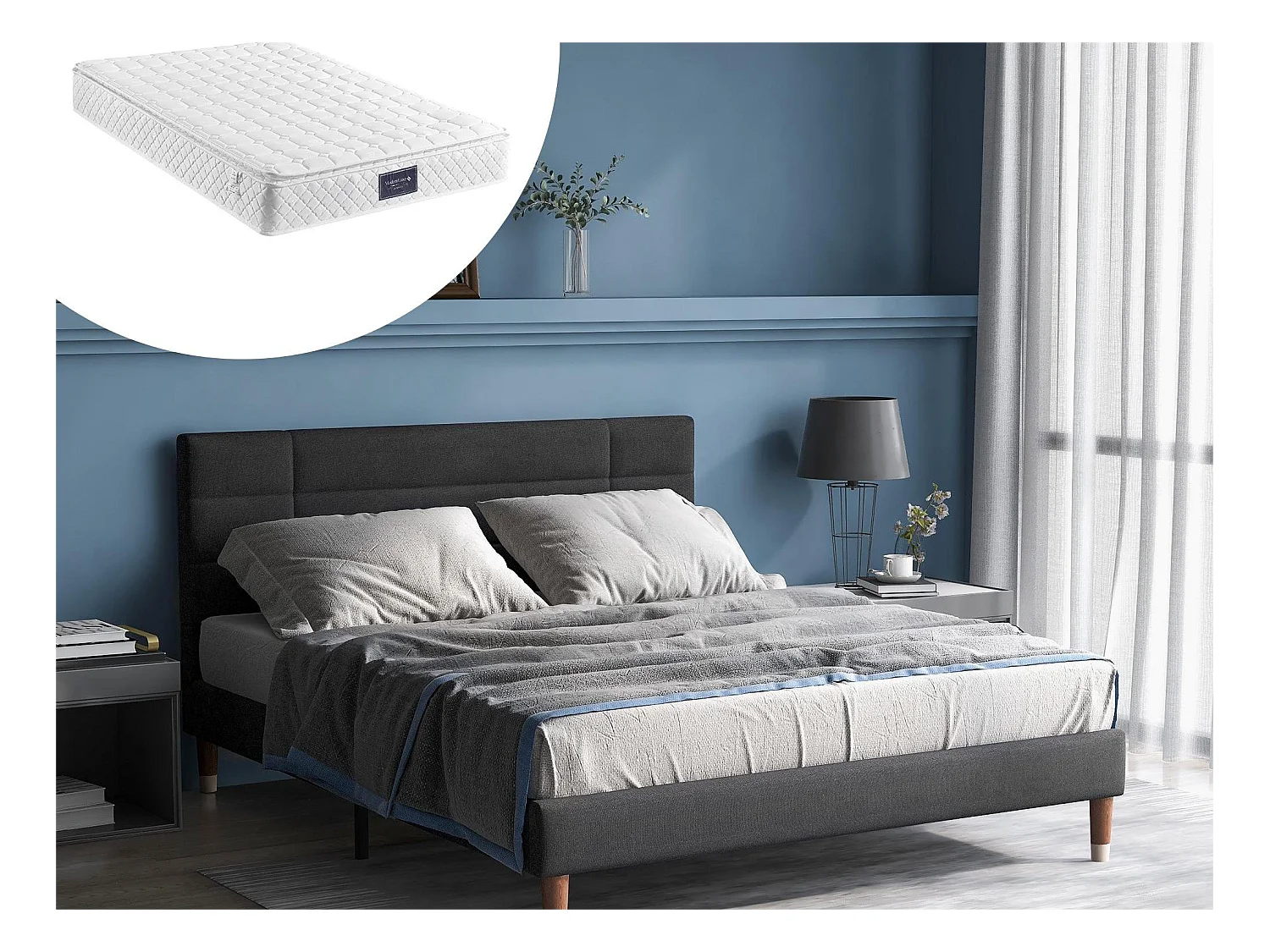Lit avec tête de lit - 140 x 200 cm - tissu lin - gris + matelas