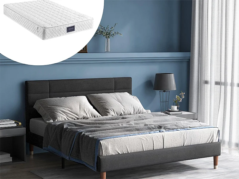 Bett mit Kopfteil – 140 x 200 cm – Leinenstoff – Grau + Matratze