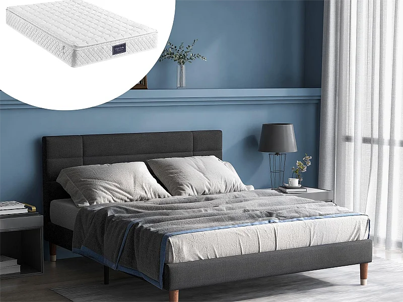 Lit avec tête de lit - 140 x 200 cm - tissu lin - gris + matelas