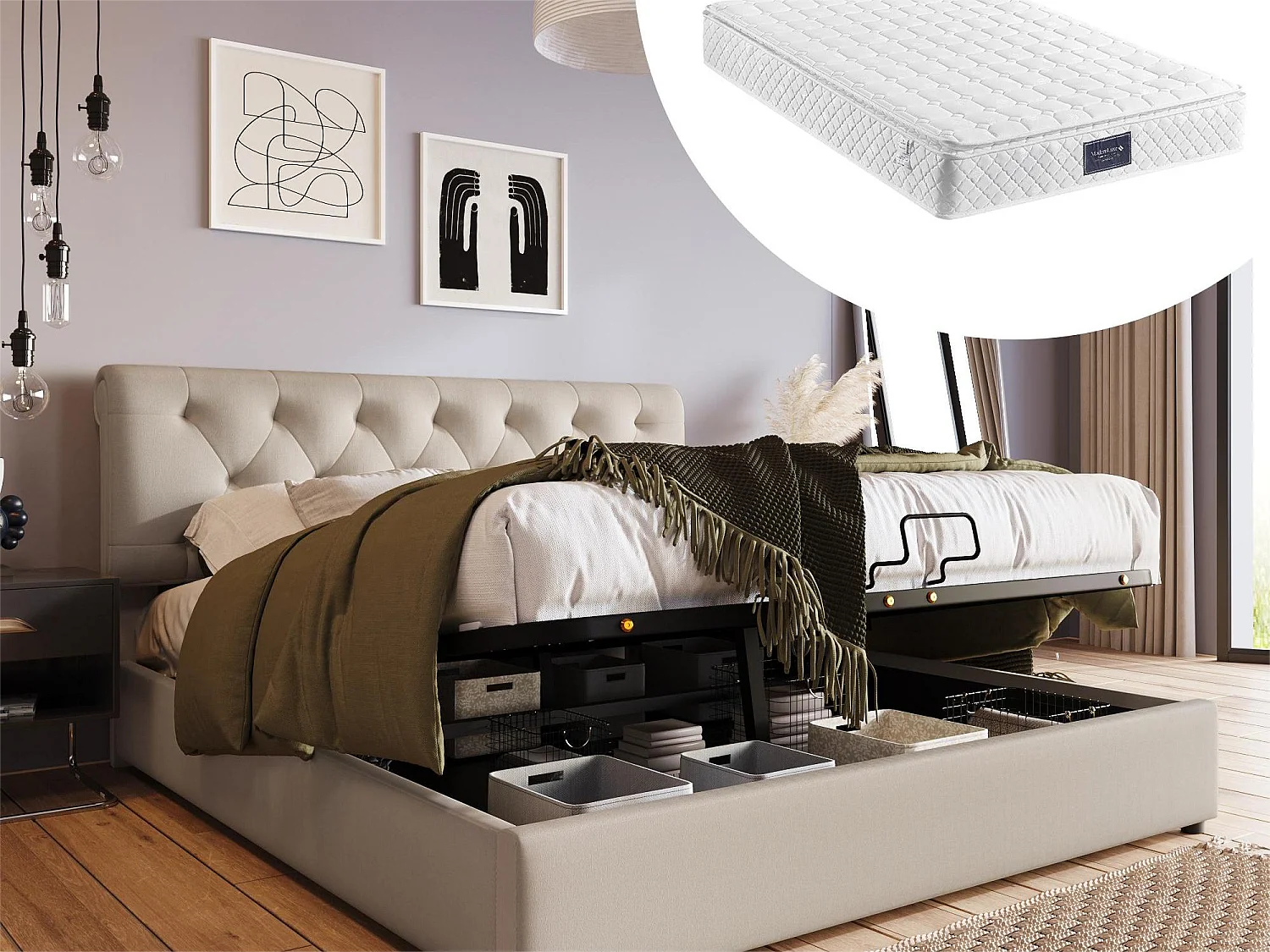 Cama com arrumação 140 x 200 cm - tecido de linho - estilo contemporâneo - natural + colchão