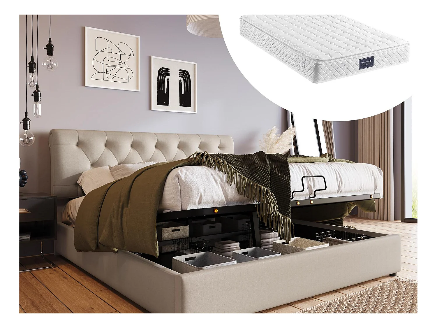 Lit coffre 140 x 200 cm - tissu lin - style contemprain - naturel + matelas