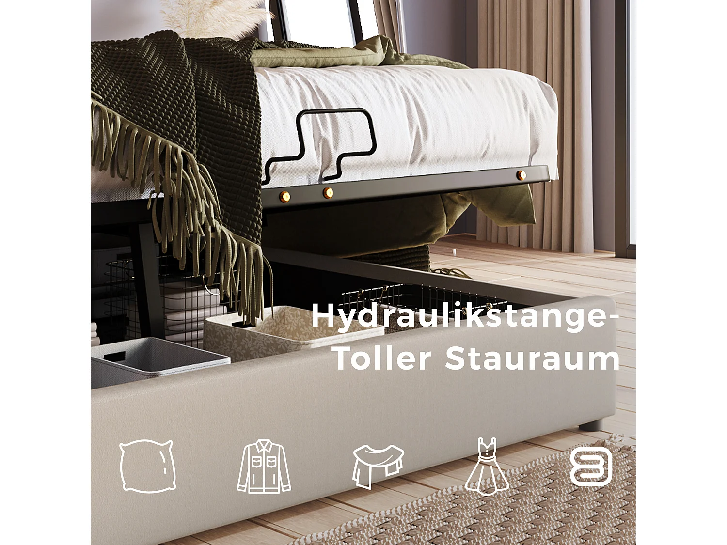 Lit coffre 140 x 200 cm - tissu lin - style contemprain - naturel + matelas