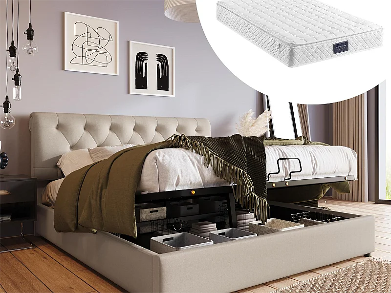 Lit coffre 140 x 200 cm - tissu lin - style contemprain - naturel + matelas