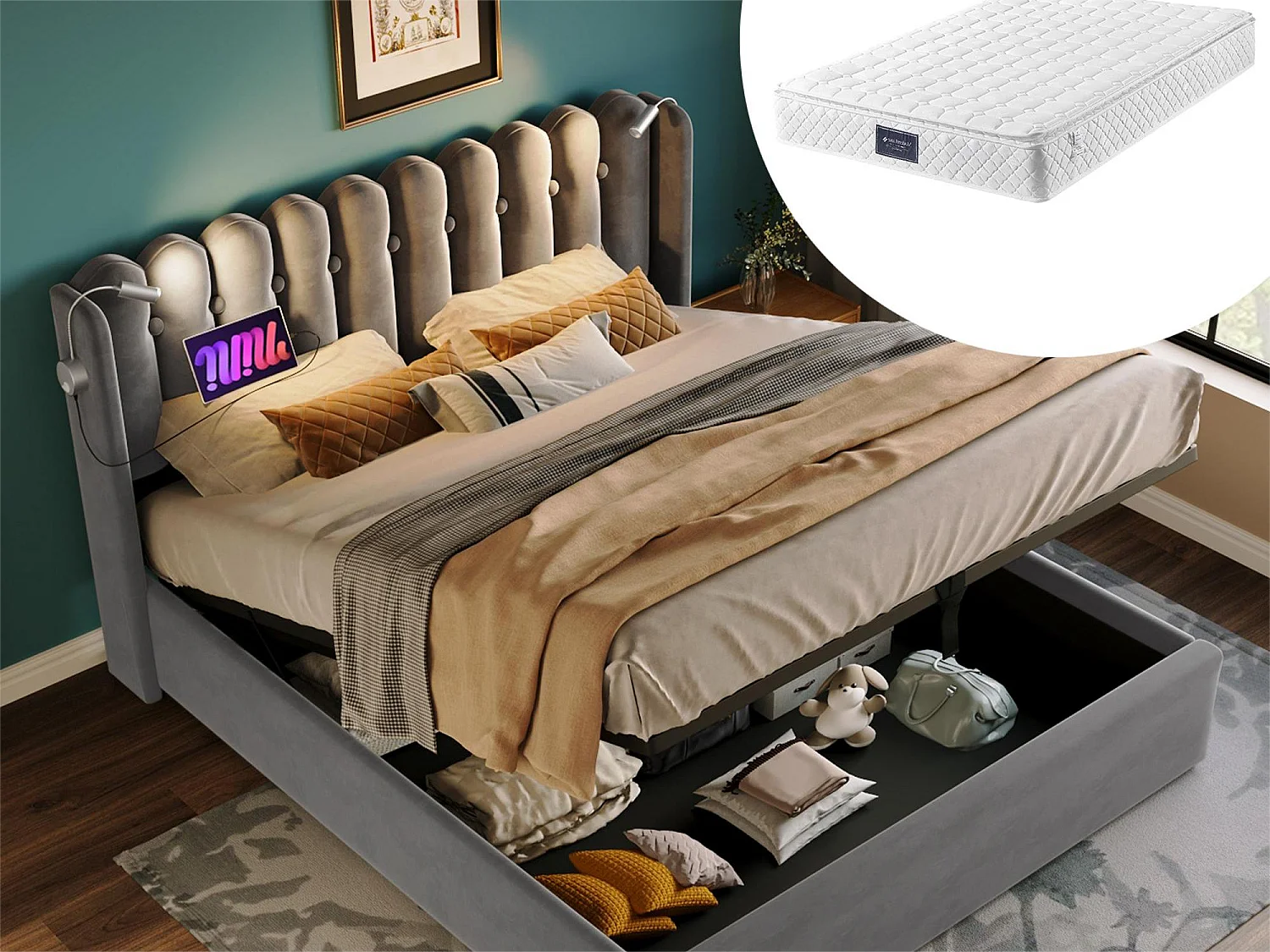 Cama de arrumação 140 x 200 cm - candeeiro de leitura e USB - tecido de linho - cor cinza + colchão