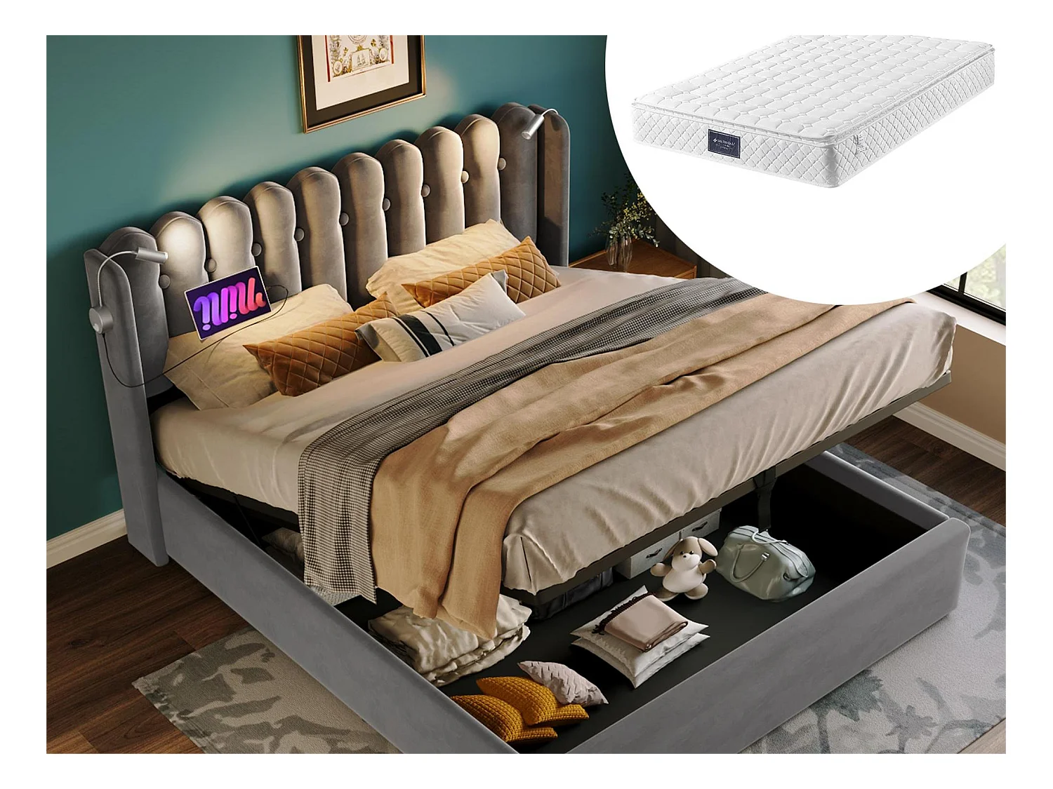Lit coffre 140 x 200 cm - lampe de lecture et USB - tissu en lin - coloris gris + matelas