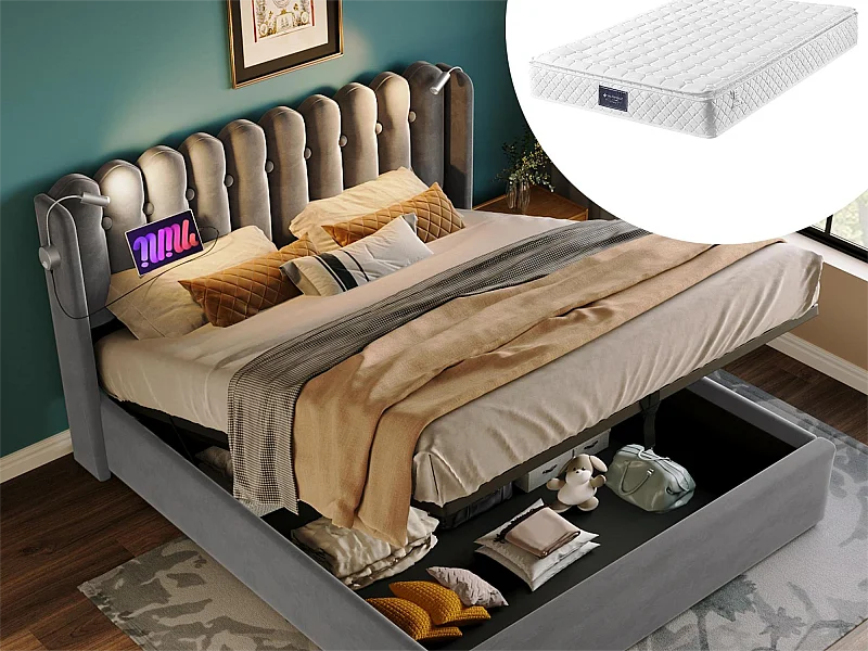 Lit coffre 140 x 200 cm - lampe de lecture et USB - tissu en lin - coloris gris + matelas