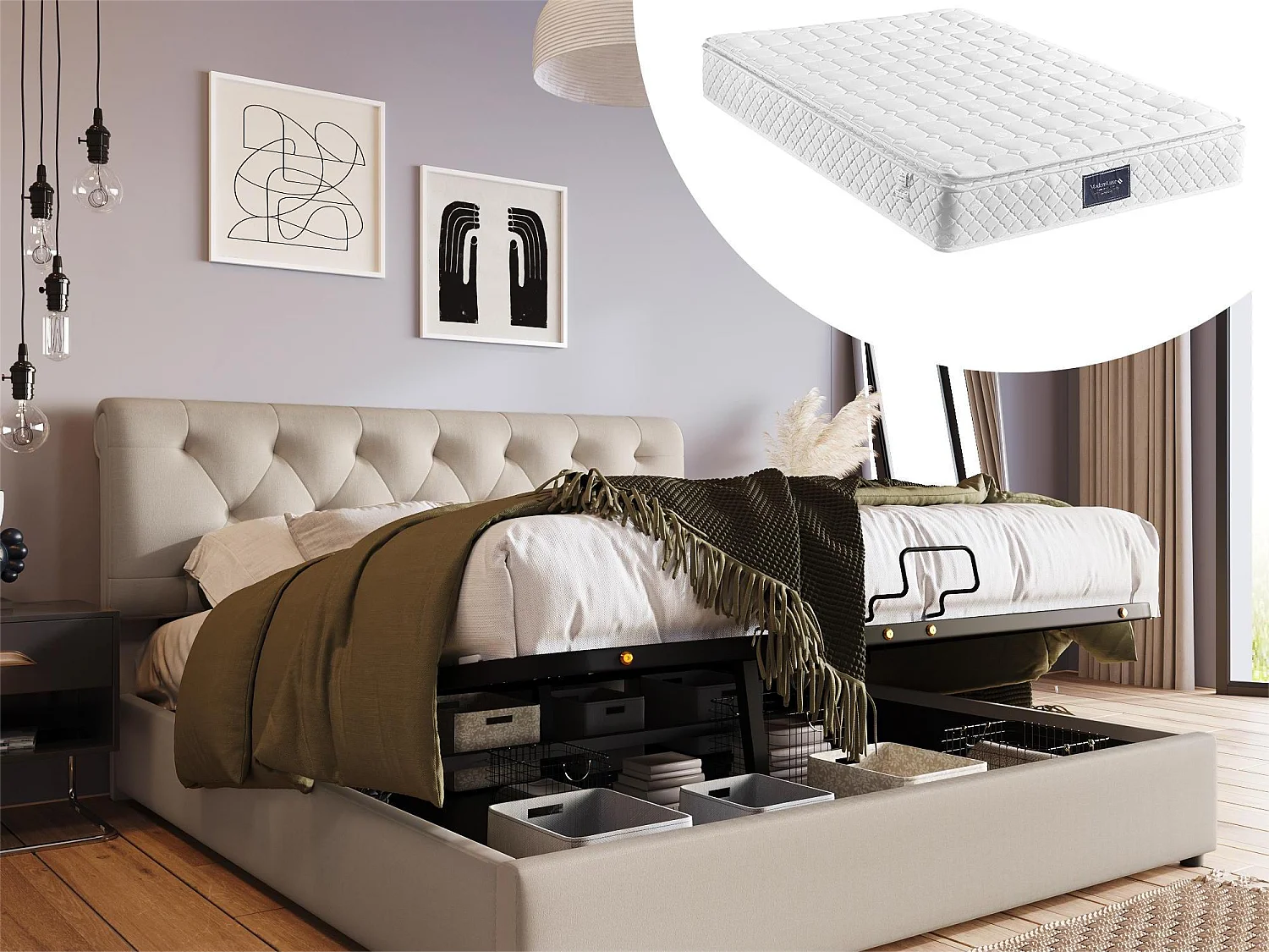 Opbergbed 160 x 200 cm - linnen stof - moderne stijl - naturel + matras