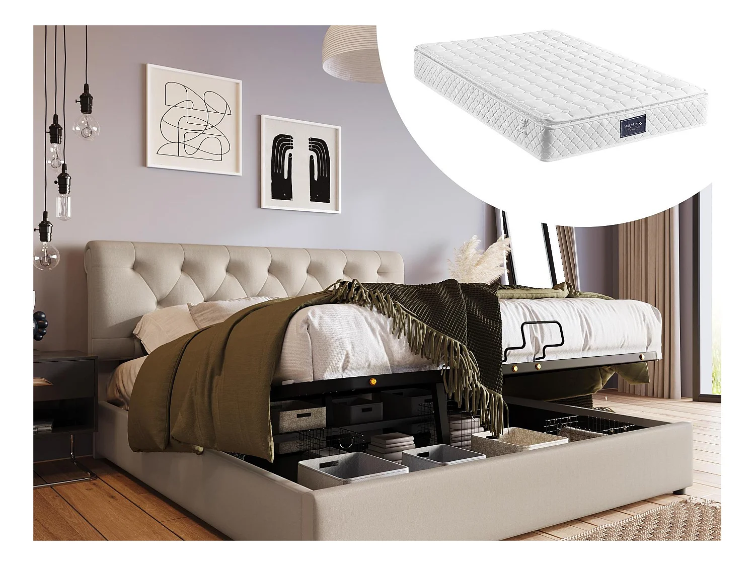 Lit coffre 160 x 200 cm - tissu lin - style contemprain - naturel + matelas