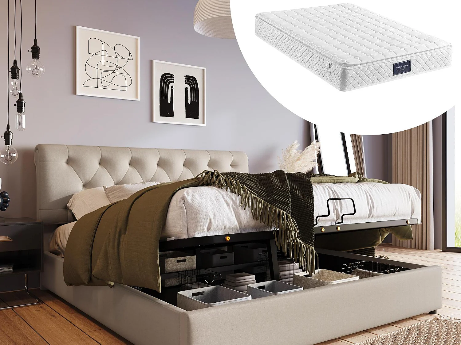 Cama con canapé 160 x 200 cm - tejido de lino - estilo contemporáneo - natural + colchón