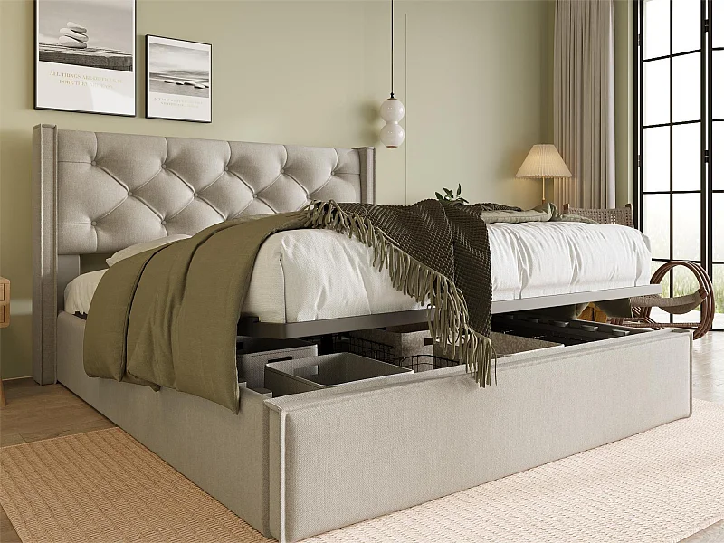 Lit coffre 140 x 200 cm - lin - sommier à lattes - gris clair