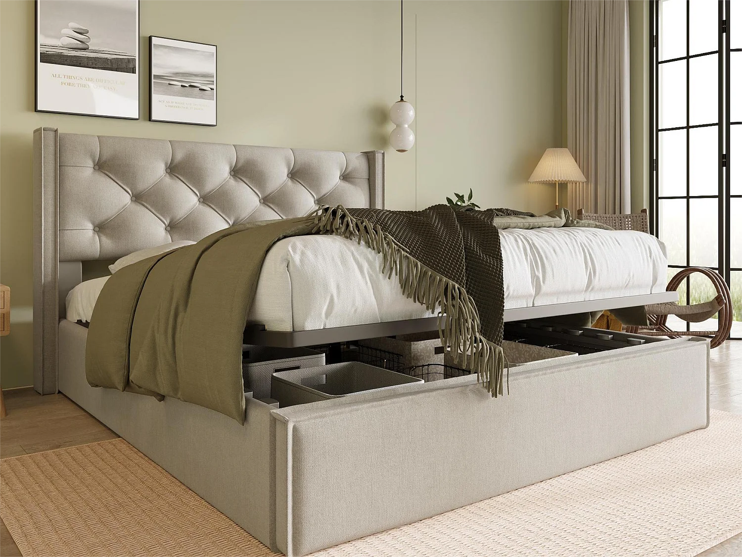 Letto contenitore 140 x 200 cm - lino - rete a doghe - grigio chiaro