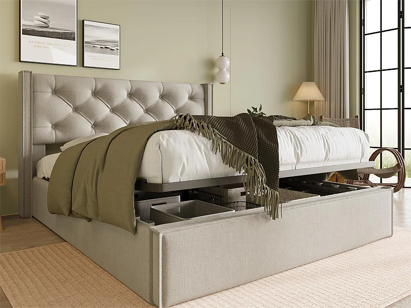 Letto contenitore 140 x 200 cm - lino - rete a doghe - grigio chiaro