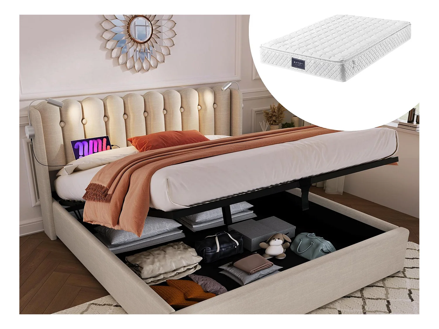 Lit coffre 160 x 200 cm - lampe de lecture et USB - tissu lin - coloris naturel + matelas