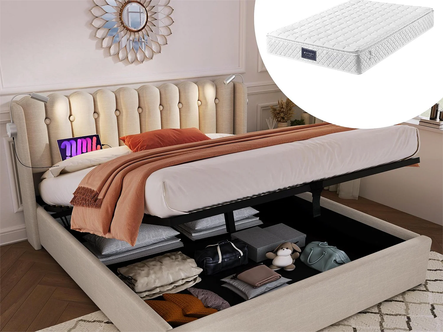 Lit coffre 160 x 200 cm - lampe de lecture et USB - tissu lin - coloris naturel + matelas