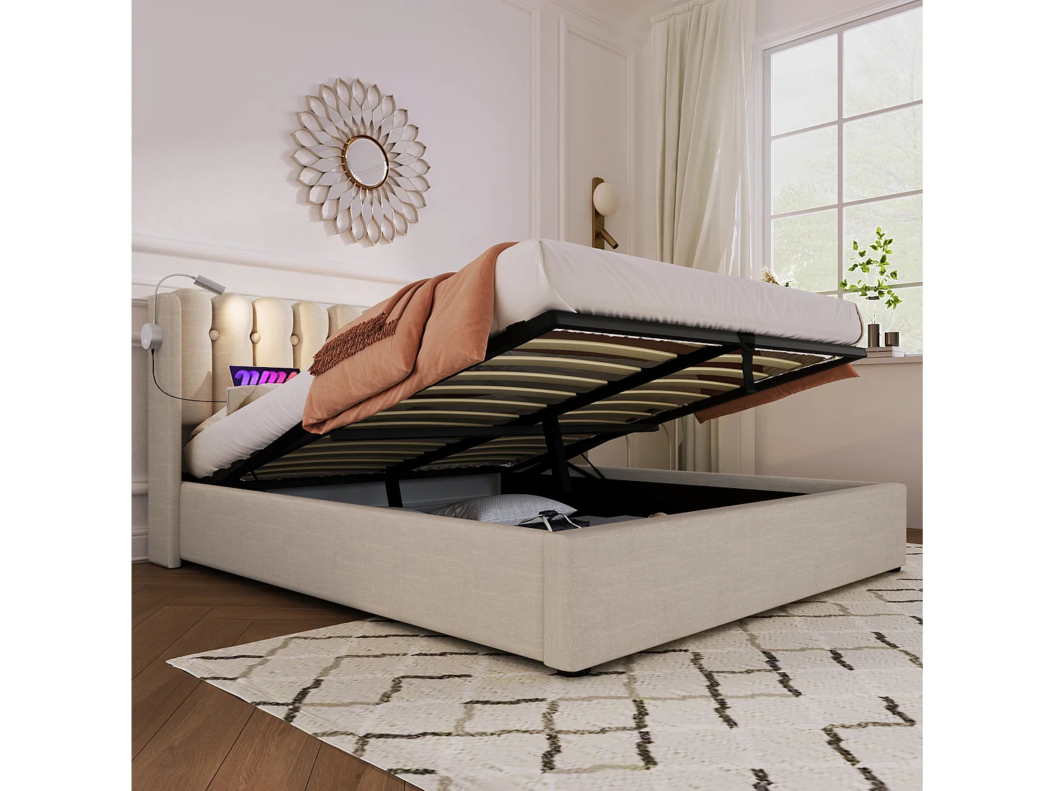 Lit coffre 160 x 200 cm - lampe de lecture et USB - tissu lin - coloris naturel + matelas