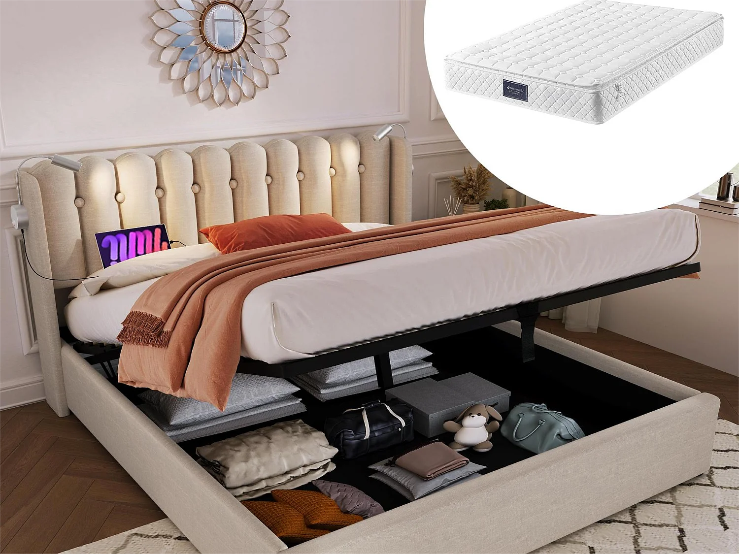 Lit coffre 160 x 200 cm - lampe de lecture et USB - tissu lin - coloris naturel + matelas