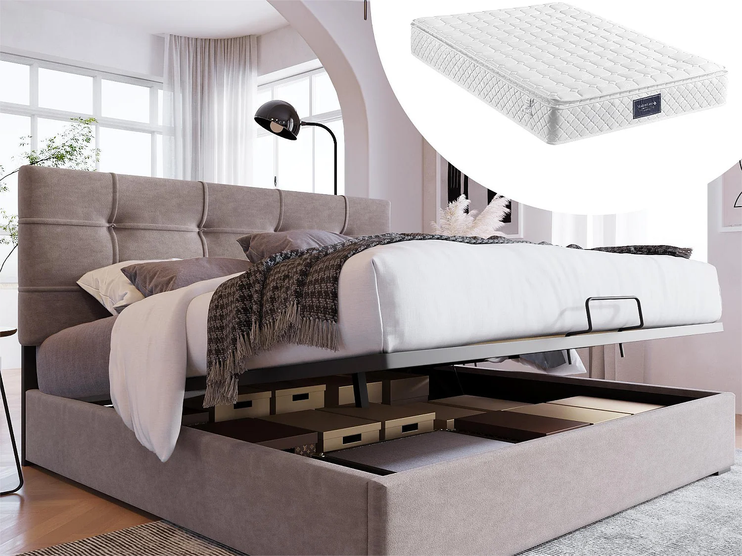 Letto contenitore 140 x 200 cm - velluto - grigio + materasso