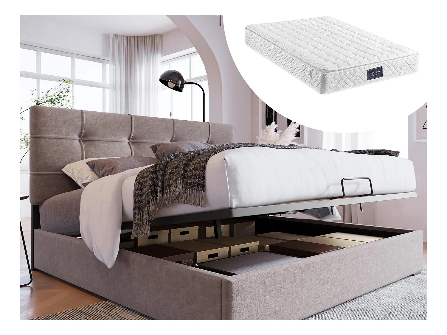 Lit coffre 140 x 200 cm - velours - gris + matelas