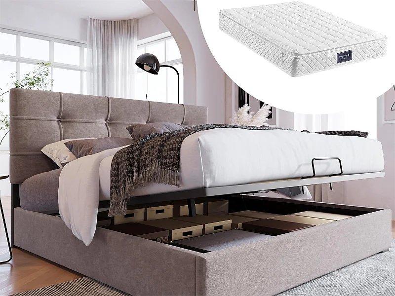 Lit coffre 140 x 200 cm - velours - gris + matelas