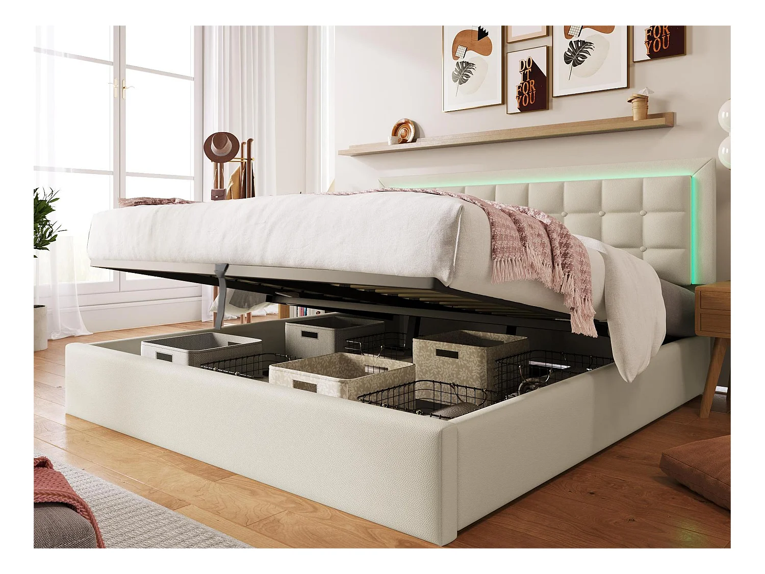 Lit coffre 180 x 200 cm - cuir pu - LEDs - sommier à lattes - blanc