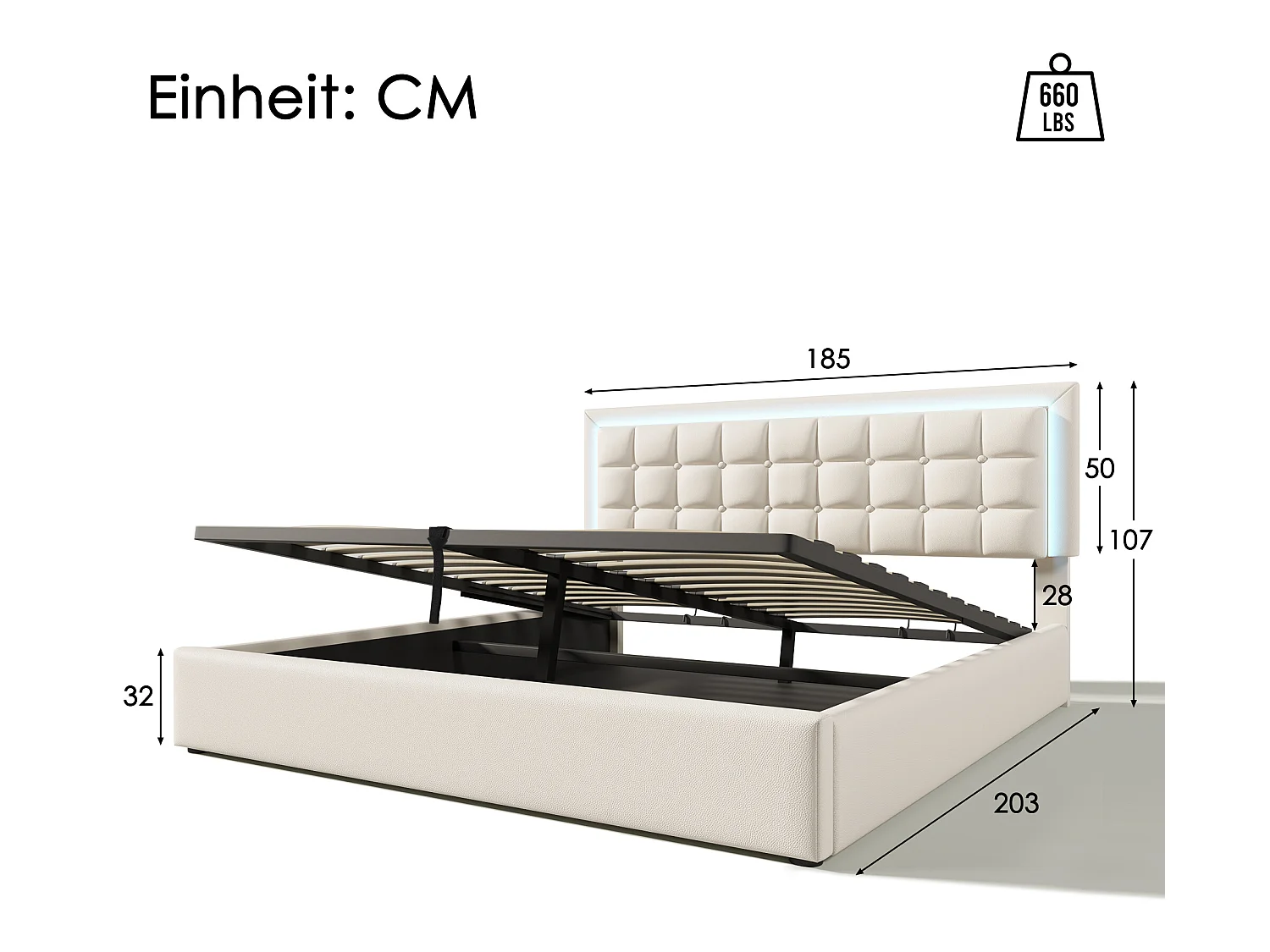 Cama de armazenamento 180 x 200 cm - couro pu - LEDs - base de ripas - branco