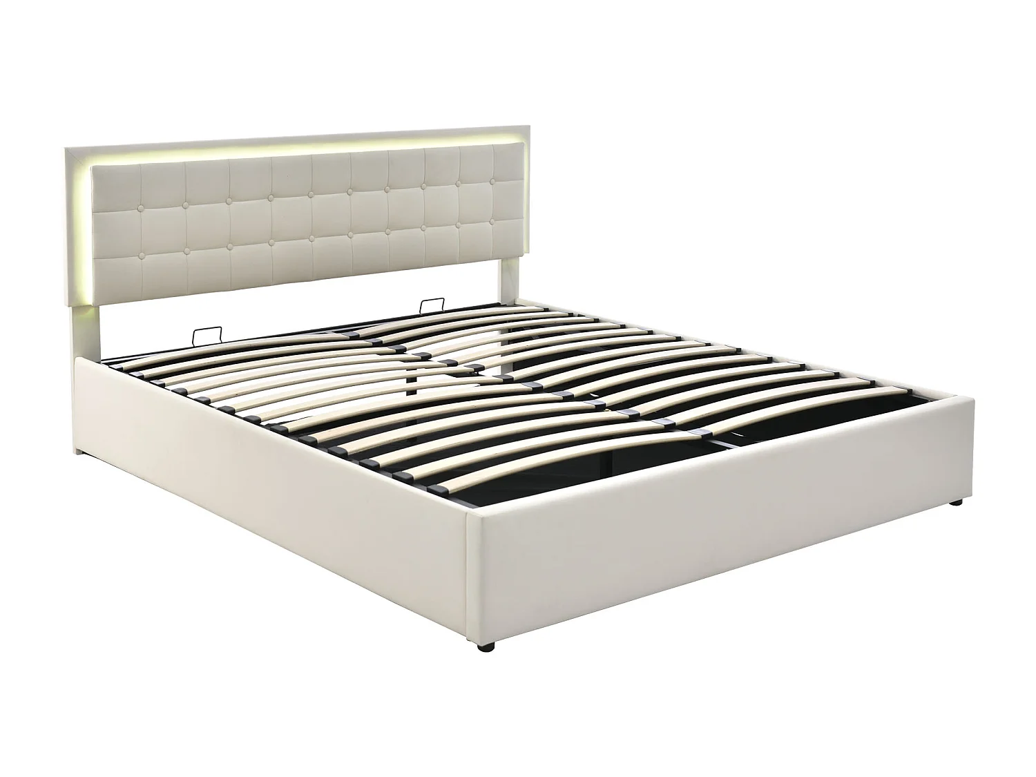 Cama de armazenamento 180 x 200 cm - couro pu - LEDs - base de ripas - branco