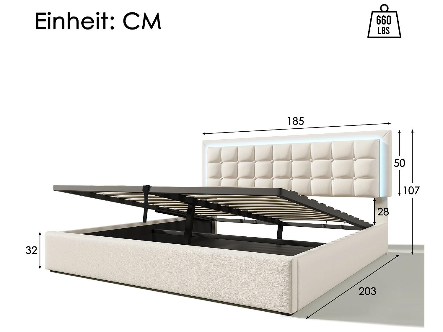 Cama de armazenamento 180 x 200 cm - couro pu - LEDs - base de ripas - branco