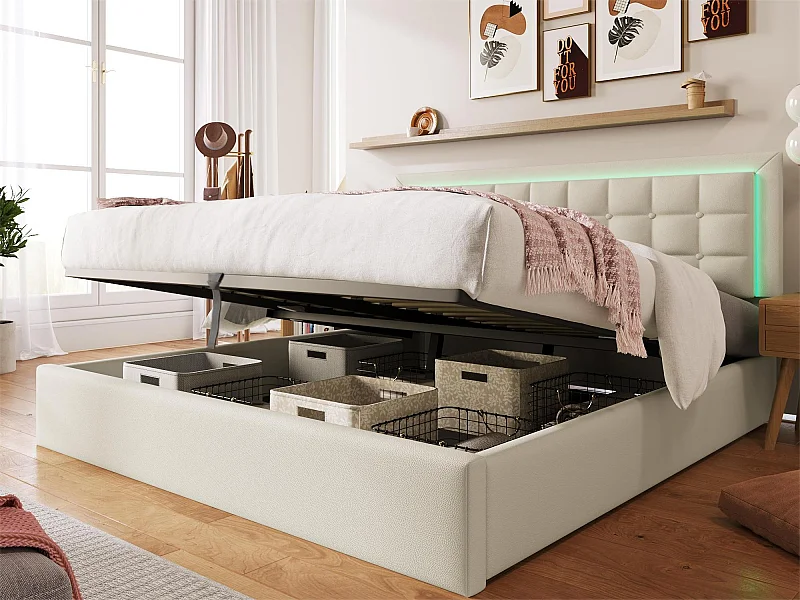 Letto contenitore 180 x 200 cm - pelle sintetica - LED - rete a doghe - bianco