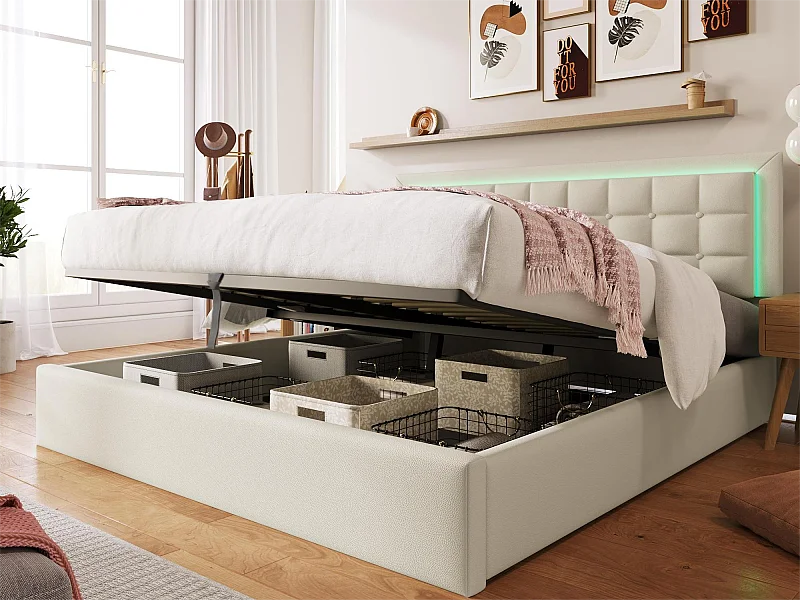 Cama de armazenamento 180 x 200 cm - couro pu - LEDs - base de ripas - branco