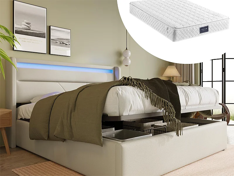 Lit coffre avec tête de lit - 140 x 200 cm - cuir pu - LEDs - blanc + matelas