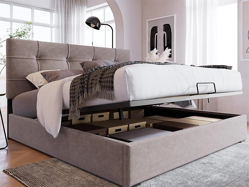 Opbergbed 140 x 200 cm - Fluweel - Verstelbaar hoofdeinde - Lattenbodem - Lichtgrijs