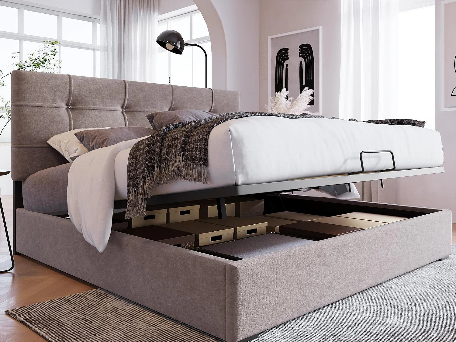 Opbergbed 140 x 200 cm - Fluweel - Verstelbaar hoofdeinde - Lattenbodem - Lichtgrijs