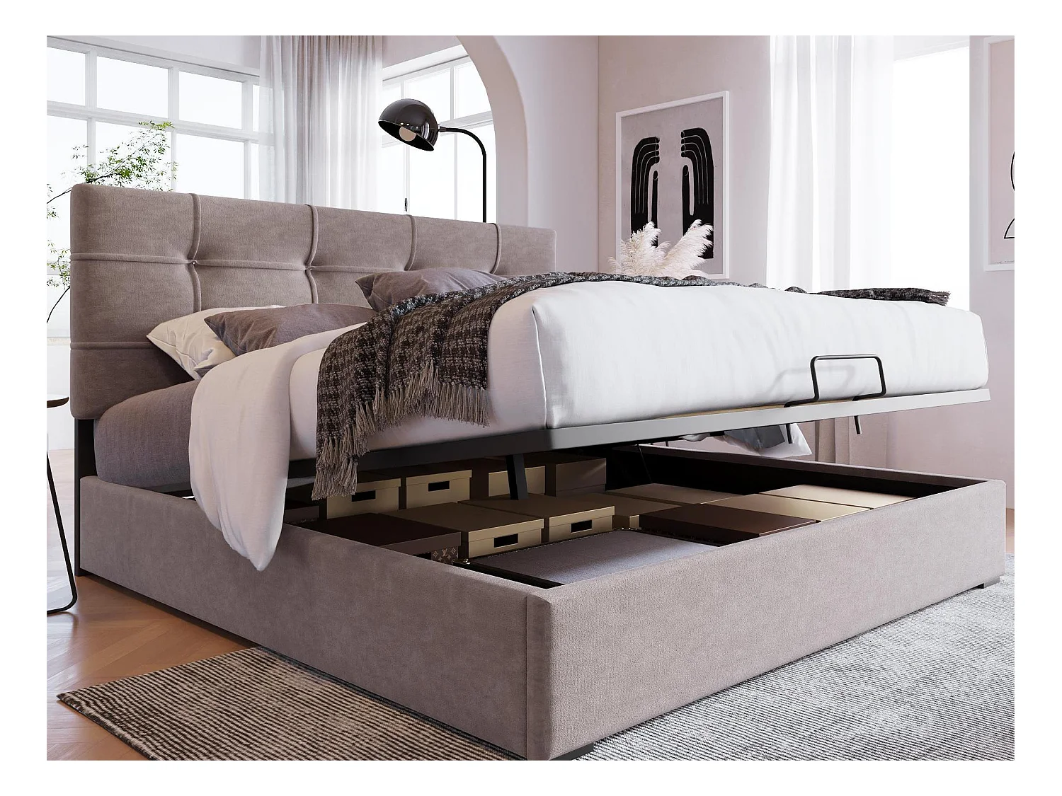 Opbergbed 140 x 200 cm - Fluweel - Verstelbaar hoofdeinde - Lattenbodem - Lichtgrijs