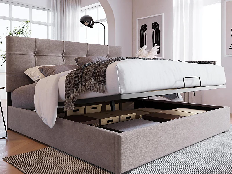 Bett mit Stauraum 140 x 200 cm – Samt – verstellbares Kopfteil – Lattenrost – Hellgrau