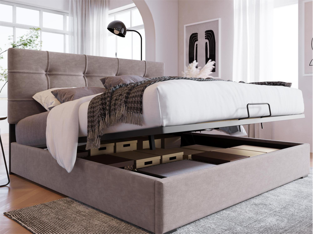 Opbergbed 140 x 200 cm - Fluweel - Verstelbaar hoofdeinde - Lattenbodem - Lichtgrijs