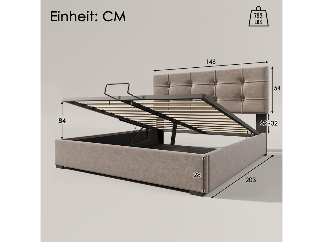 Opbergbed 140 x 200 cm - Fluweel - Verstelbaar hoofdeinde - Lattenbodem - Lichtgrijs