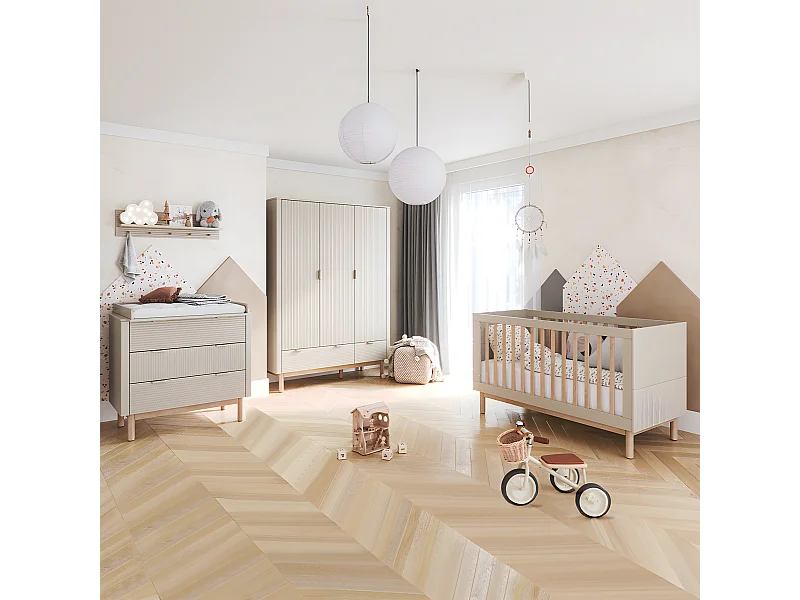 Chambre complète lit évolutif 70x140 commode à langer et armoire 3 portes Miloo Champagne